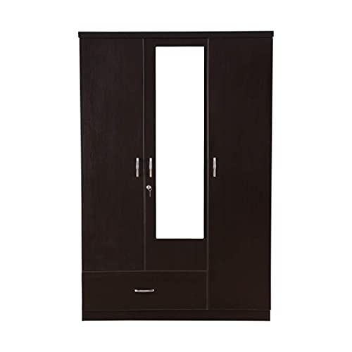 Image of CASPIAN 3 Door Wooden Wardrobe (Walnut) | Engineered Wood Furniture with Dressing Mirror & 2 Hanging Space | Cupboard /Almirah for Bedroom Clothes Storage Organizer with 4 Shelves & Key Lock Drawer