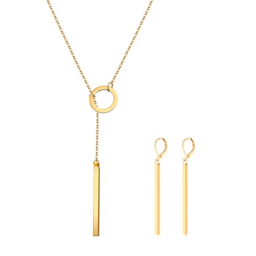 ZENGSING Anhänger Halskette Damen Baumeln Ohrringe Schmuck Set Kette Y Halskette vertikale Bar Anhänger Lariat Halskette Damen Anhänger Hoop Ohrringe für Frauen Mädchen Geschenke (Gold)