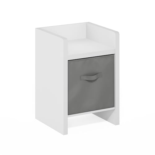 Image of Furinno Viola Side Table, End Table with Storage Bin, White /Light Grey | 1.2-inch Extra Thick Frame, Soft Corner, Night Stand, Bedside Table, for Living Room, Bedroom