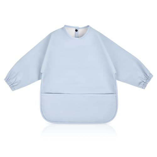 Vicloon Baby Weaning Bibs, PU Feeding Bibs with Long Sleeves and Large Pockets, Waterproof Toddler Bibs Easy to Clean