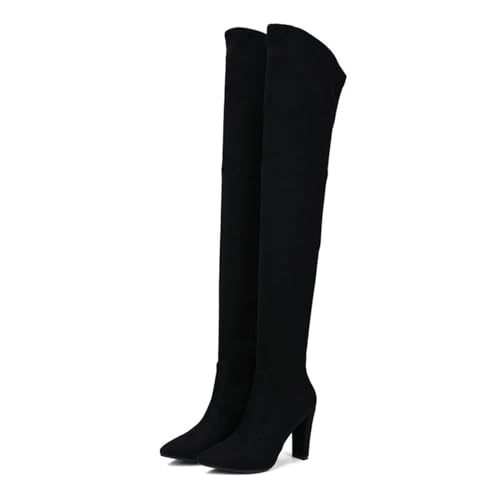 Bottes pointues à talons hauts épais de 9cm pour femmes cuir noir