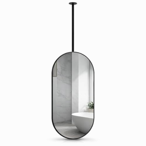 Bathroom Mirror Oval Bathroom Vanity Mirror with Hanging Rod Bathroom Mirror for Over Sink Ceiling Mounted Mirror, Metal Pole Ceiling Suspended Mirror for Entryway Cloakroom