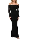 BORIFLORS Women's Elegant Off The Shoulder Bodycon Long Sleeve Maxi Dress Mesh Cocktail Party Wedding Guest Formal Dresses, Small, Black