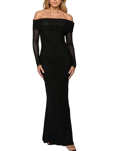 BORIFLORS Women's Elegant Off The Shoulder Bodycon Long Sleeve Maxi Dress Mesh Cocktail Party Wedding Guest Formal Dresses, Small, Black