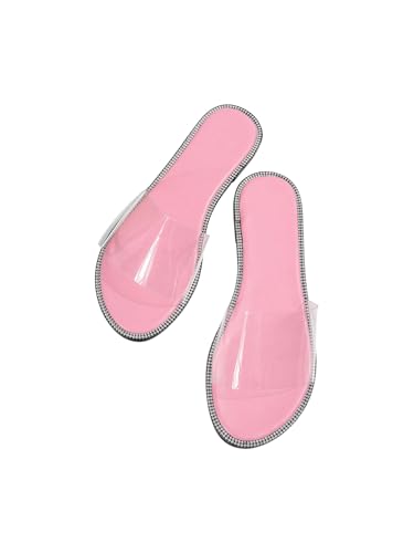 OYOANGLE Women's Clear Flat Sandals Glitter Rhinestone Open Toe Transparent Beach Slide Sandals
