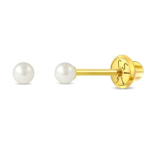 14k Yellow Gold Classic Freshwater Cultured Pearl Screw Back Earrings for Girls - Stud Earrings for Babies, Toddlers & Little Girls - Small Classic Girl Stud Earrings