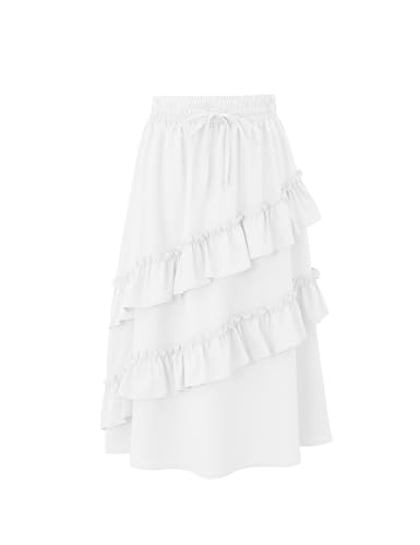 Image of Girls High Waisted Ruffle Maxi Skirt Soft Cotton Long Skirts with Elastic Waistband for Kid Girl 3-12 Years