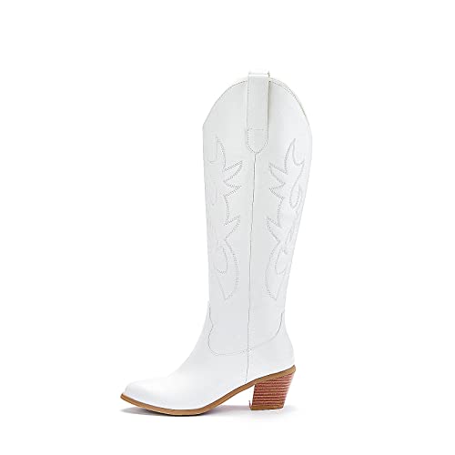 Aelegantmis Embroidered Cowgirl Boots Women Stacked Heel Modern Western White Cowboy Boots For Women Knee High Pull-On Boots 7.5M #TOP4