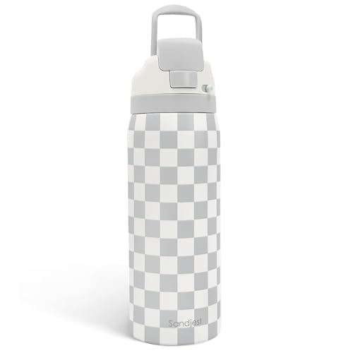 Image of Checkered Insulated Stainless Steel Water Bottle with Straw for Sports and Travel, 32oz, Gifts for Women Girls Friends Teens Birthday Christmas (Grey)