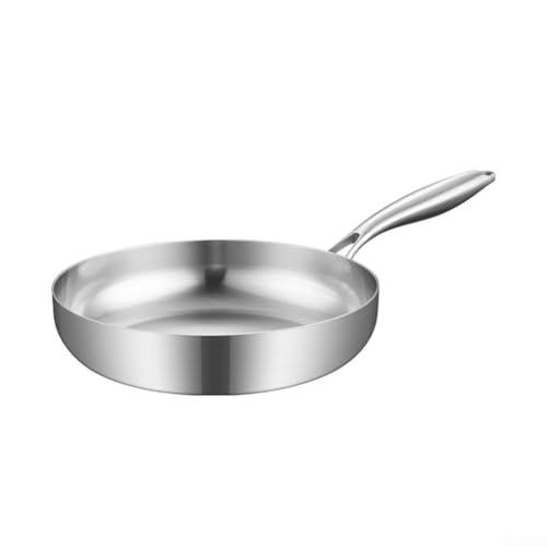 Sartén de acero inoxidable 304 con fondo plano, diseñada para cocinar panqueques y filetes uniformemente, mango ergonómico para un agarre cómodo y fácil manejo