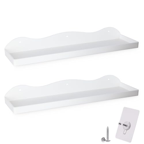 BEHONA White Acrylic Floating Shelves, 2 Pack Adhesive Wall Mounted Shelves, No Drill Bathroom Shelves for Storage, Small Space Saving Floating Shelves for Bedroom, Kitchen, Modern Organizer