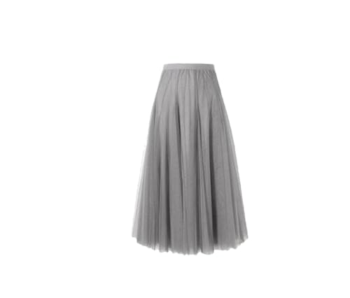 Women Solid Color Midi Long Skirt Women Elastic A-Line High Waist Pleated Mesh Skirt