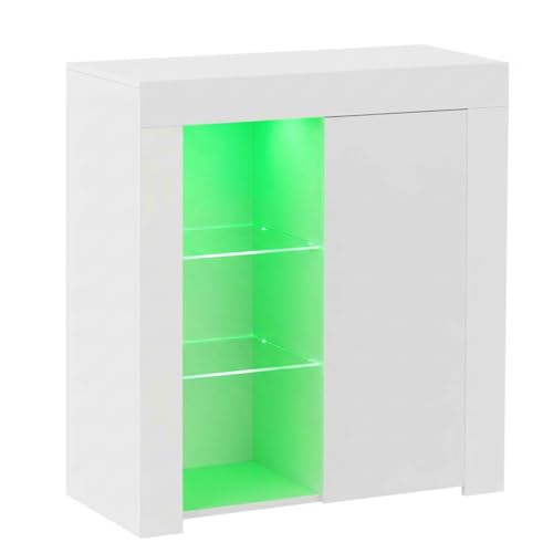 Panana Sideboard Storage Cupboard High Gloss Front Cabinet RGB Multicolor LED Lighting with Doors and Shelves Living Room Furniture White