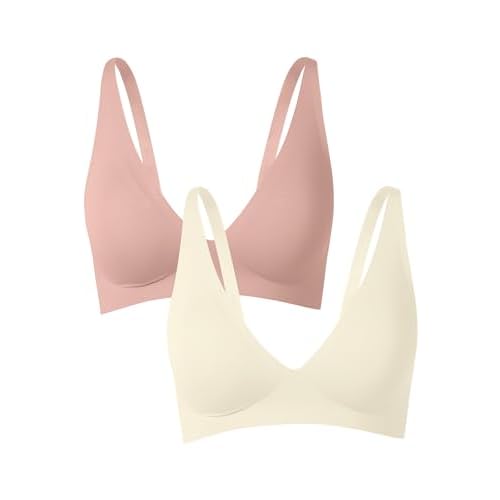 SHARICCA Pro Seamless Bra for Women Deep V Neck Wirefree Bra Adjustable Strap Comfort Sleep Bra Removable Padded Bralette Beanpink X-Small