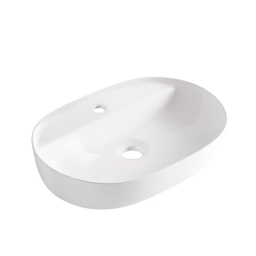 AQUAUNO - Lavabo da appoggio LANA 61,5 x 41,5 cm, ovale, in ceramica bianca, con foro per rubinetto senza troppopieno, in ceramica sanitaria