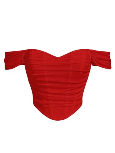 Floerns Women's Off Shoulder Short Sleeve Asymmetrical Hem Ruched Corset Crop Top Red Small