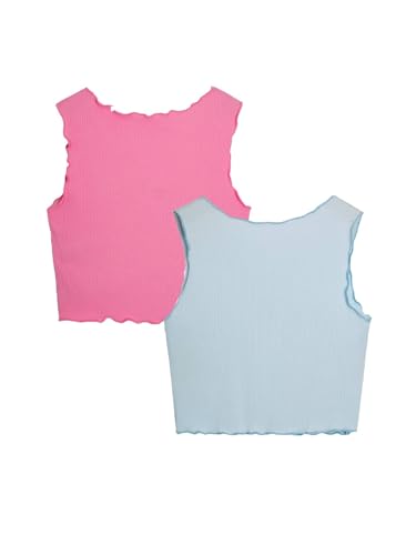 Milumia Girl's 2 Pack Color Block Ribbed Tank Tops V Neck Lettuce Trim Crop Tops Set2