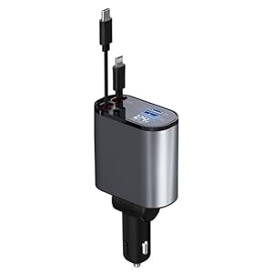 Retractable Car Charger, 4 in 1 Fast Car Phone Charger 60W, Retractable Cables and USB Car Charger,Compatible with iPhone 15/14/13/12/11,Galaxy,Pixel