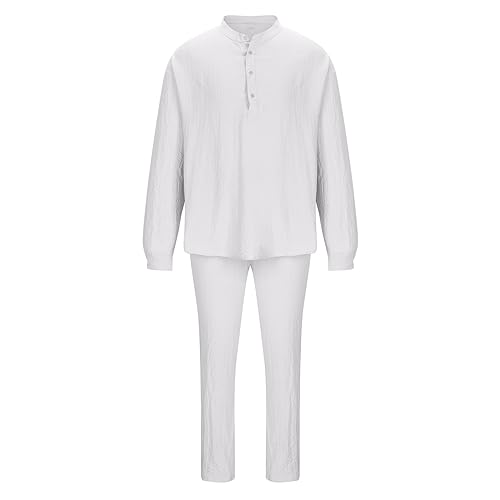 2-teiliges Leinen-Set Herren, Leinenhemd Herren und Leinenhose, Strandurlaub-Outfits Langärm Leinen Hemd mit Knopfleiste Leinen Shirt Elastische Taille mit Kordelzug Leinen Hose für Urlaub Alltag