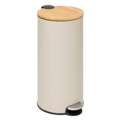 5five - Poubelle de Cuisine à Pédale Modern Color - Beige - 30L - Couvercle en Bambou, Seau Amovible - Pour Maison, Buanderie