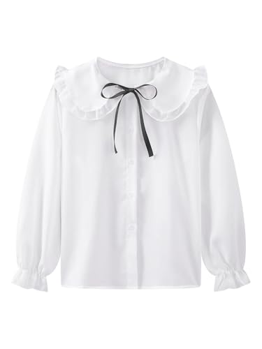 Uniform Shirts for Girls Ruffle Doll Collar Long Sleeve Button Down Bowtie Blouse Tops3