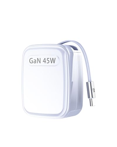 BEVEWLPOL 45W GAN US Plug USB-C Compact Charger with Type-C & Retractable Cable&Foldable Prongs, Compact & Lightweight for Travel, Safe&Low-Temp Charging for Phones/Tablets/Earbuds(White