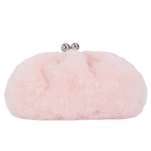 DONGSUO Women Faux Fur Clutch Pouch Bag, Silver Metal Frame