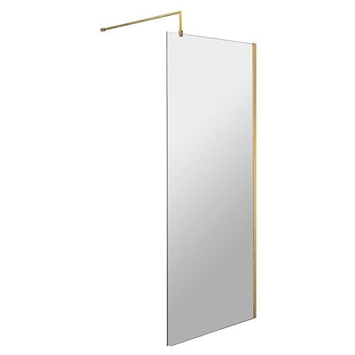 Image of Balterley Wetroom Shower Screen with Support Bar, Glass Shower Screen for Wet Room and Bathroom, 8mm Toughened Safety Glass Screens, Reversible Wetroom Screens - 700 x 1850mm (Brushed Brass)