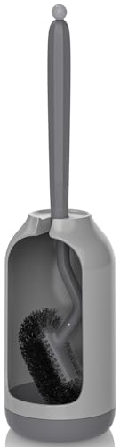 HAMITOR Toilet Bowl Brush Holder Set: Bathroom Deep Cleaning Toilet Cleaner Scrubber Under Rim with Curved Bristle for Dead Corner Clean - Hidden Rv Toilet Decorative Accessories with Caddy- Gray