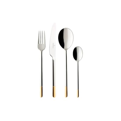 Villeroy & Boch – Ella Teilvergoldet Tafelbesteck Gold 24 Teilig 6 Personen, Spülmaschinenfest, Rostfrei, Besteckset, Besteck Set, Vergoldetes Besteck, Essbesteck, Edelstahl/Blattgold-Applikationen