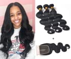 Brazilian Body Wave 3 Bundles and Closure Unprocessed 10A Virgin Human Hair Weave 100g/pc with Top Lace Closure 4x4 Wet and Wavy Hair Extensions (16 18 20 + 14 Inch, Black | Burg)