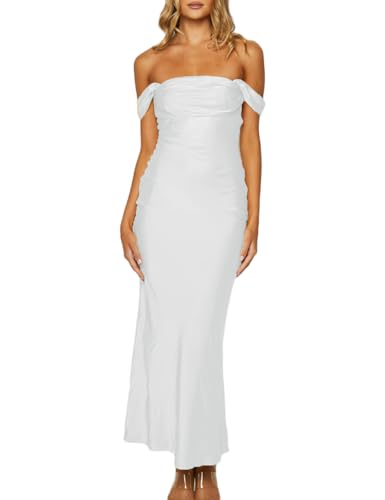 Image of Realtix Satin Off The Shoulder Strapless Bridesmaid Maxi Dress for Women