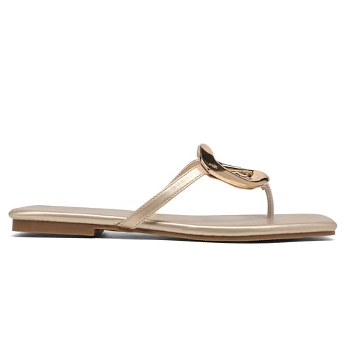 Women's Flat Flip Flop Summer Sandals,Ladies Cute Trendy Comfortable Memory Foam Clip Square Toe Beach Strappy Bling Metal Leather Outdoor Slipper Vacation Slides Shoe2