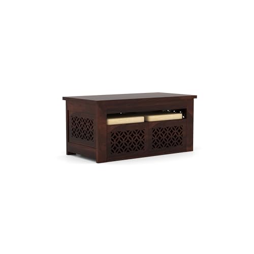 Image of Sheesham Wooden Coffee Table with 2 Stool for Home | Solid Wooden Center Table for Living Room, Meeting Room Hotels Center Tea Table with Seating Stool, Carved- in Walnut Finish