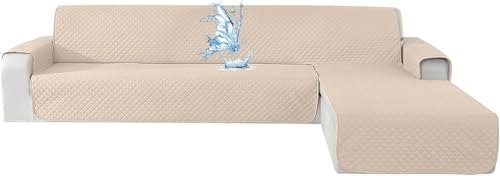CYCMACO Funda Sofa Chaise Long 4 Plazas Impermeable, Fundas Sofa L Chaise Longue Izquierdo/Derecho Reversible, Antideslizante, Ajustables, Anti Gatos, Beige