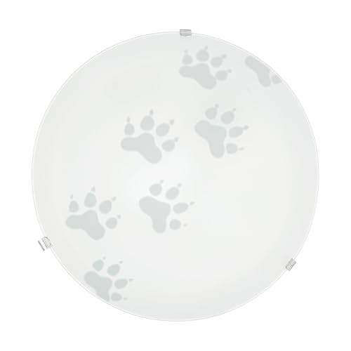 EGLO Deckenlampe Mars, 1 flammige Wandleuchte, Deckenleuchte aus Stahl, Farbe: Weiß, Glas: Weiß satiniert Motiv Pfote, Fassung: E27