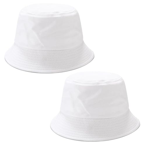 2 Cappelli da Pescatore Bianchi, Cappelli da Bacino a sommità Piatta, Cappelli da Pescatore semplici in Tinta Unita, Cappelli Estivi per la Protezione Solare all'aperto