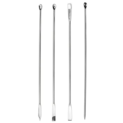 Scientific Labwares Laboratory Spoon Spatula Set - Long Handled Mixing & Measuring Equipment - Supplies for Labs, Sampling, Sculpting, Stirring, Making Makeup - Durable Stainless Steel - Set of 4
