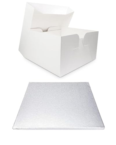 LARRYROO Single White Cake Box and Silver Square Board Pack - Thick Drum for Wedding, Party etc (16 Inches)