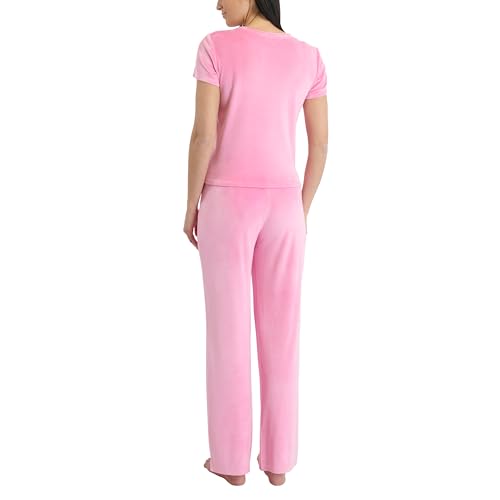 Image of Juicy Couture Women's 2 Piece Velvet Fleece Short Sleeve Shirt and Pants Lounge Sleepwear Set