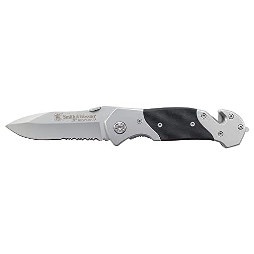 Smith & Wesson SWFRS 8in High Carbon S.S. Folding Knife with 3.3in Drop Point Serrated Blade and S.S. with G-10 Inlay Handle for Outdoor, Tactical, Survival and EDC