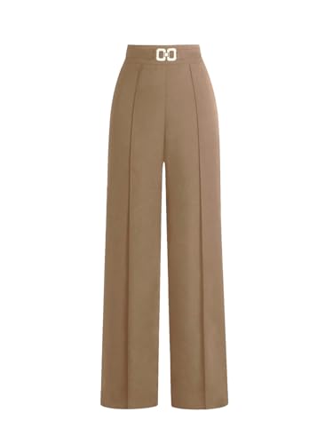 Women's Metal Linked High Waisted Dress Pants Pleated Elegant Long Pants Casual Business Trousers