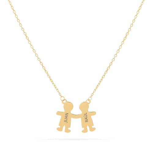 Collar con Colgante de Niños o Niñas Personalizable en Plata de Ley 925 o Bañado en Oro – Regalo Ideal para Mamás o Abuelas – 45cm + Alargador (2 Niños Oro)