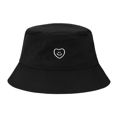 XMMAXFLOW Fashion Bucket Hat Cotton Summer Beach Sun Hat for Women Men Teen, Smile Love-Black