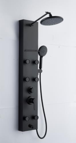 Image of Backline All In 1 Shower Panels for Bathroom 304 SS Hot & Cold Water Adjustable | 3 Function Handshower with Waterfall Shower /Tub Spout /Body Spray /Storage Rack (Black Matt)