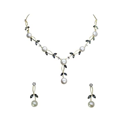 Faship Gorgeous CZ Crystal Genuine Freshwater pearls Floral Necklace Earrings Set, Copper, Cubic Zirconia Cover