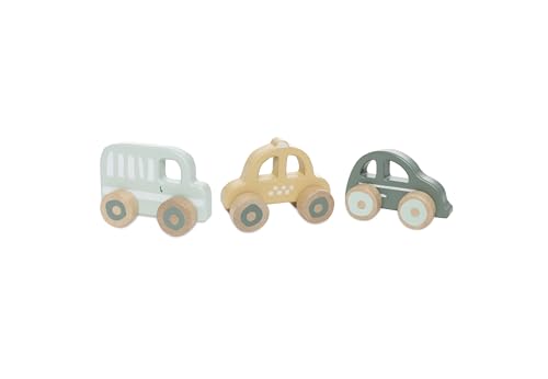 Jollein Holzautos – 3er-Set Spielautos – On The Go – Baby Spielzeug aus Holz – Auto, Taxi & Bus – Fördert Fantasie & Motorik – Holzspielzeug – Gelb/Grün/Mint
