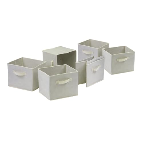 HomeStock Gothic Grace Wood Capri Foldable Fabric Baskets Set of 6 Pieces, Beige Color - Rectangular, Fabric Material, 12.28 x 10.39 x 5.04 inches