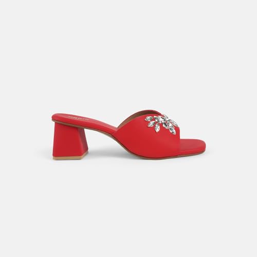 Image of Mochi Women Synthetic Embellished Slip-On Block Heel Sandals
