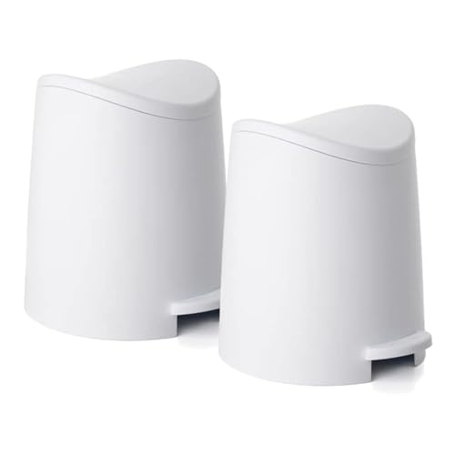 Image of Small Plastic Bathroom Trash Can with Lid 3 Liter Modern Curved Step On Trash Can with Foot Pedal, Mini Kitchen Waste Bin, Durable and Soft Close for Bedroom, Office, Under Desk (White-2 Pack)
